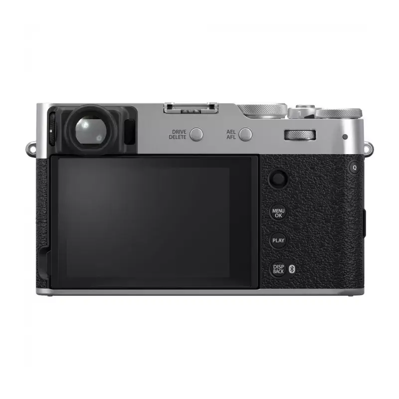 Fujifilm X100VI Silver, вид сзади: наклонный экран и видоискатель